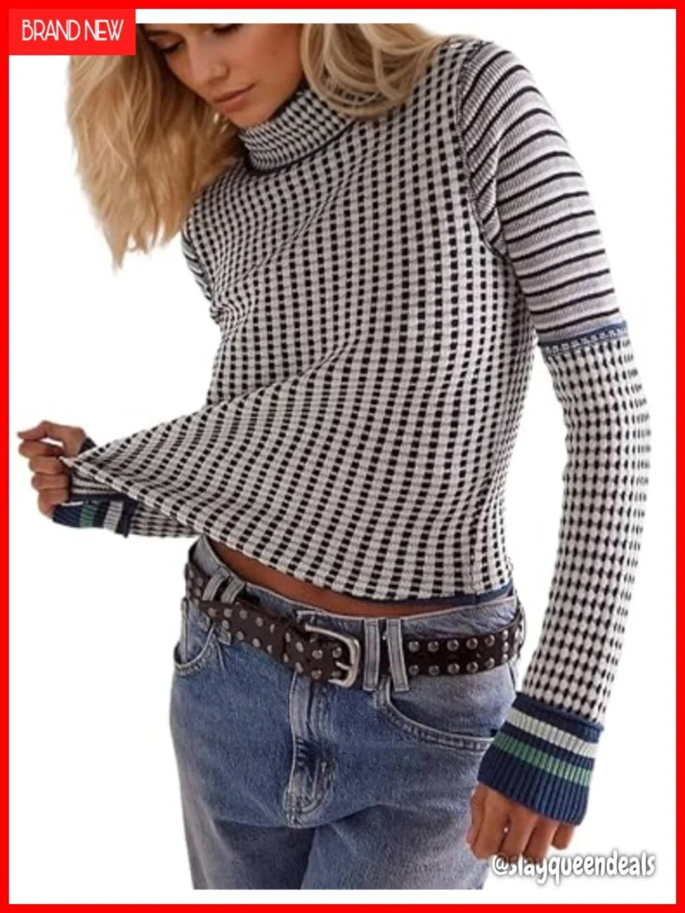 Mock Neck Striped Cropped Slim Fit Pullover Sweater Women Knit Tops